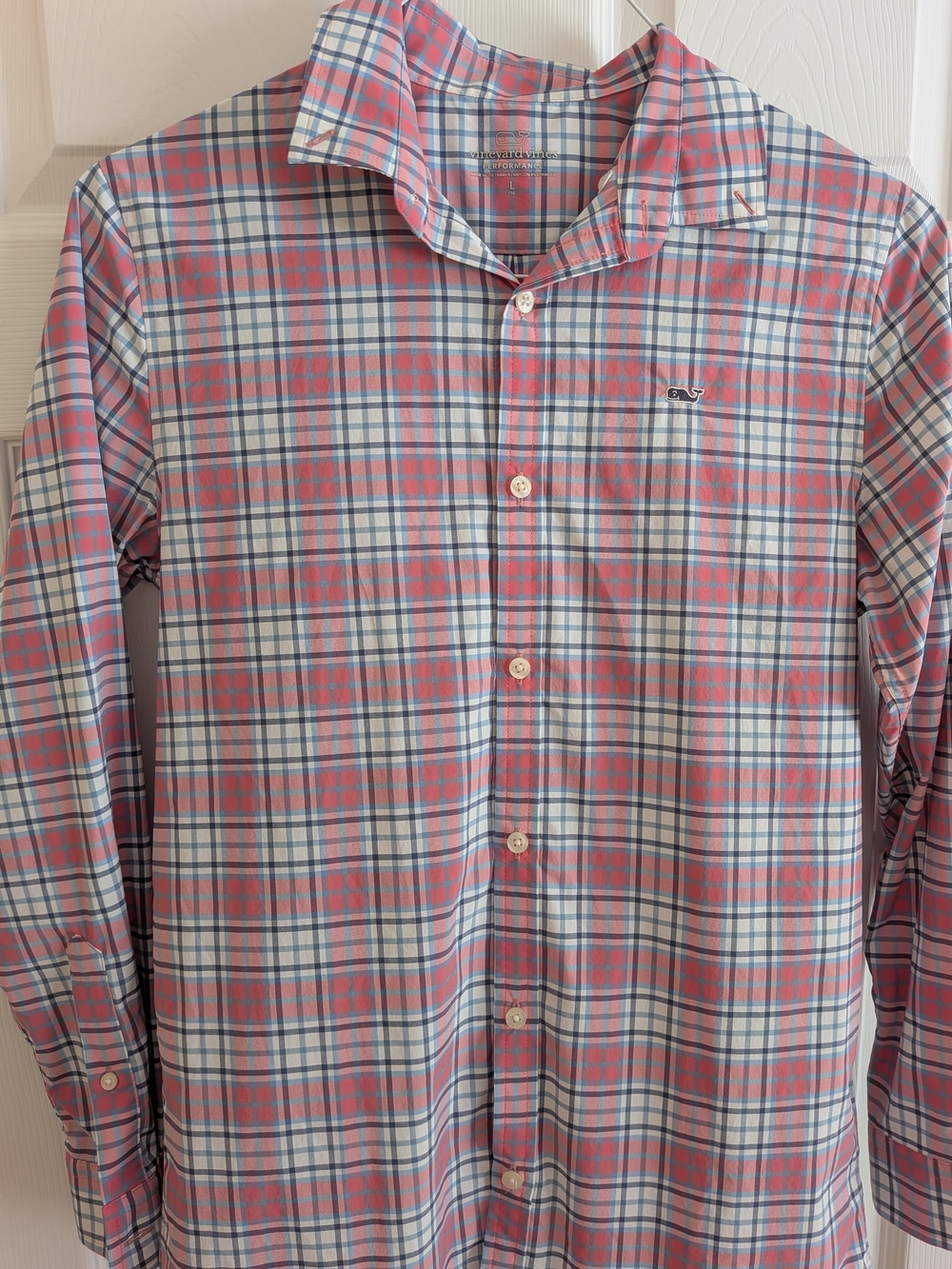 Vineyard Vines Boys Coral and Light Blue Plaid Button-Down Shirt